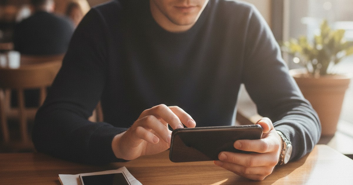 Person at a cafe table comparing two phones side by side
