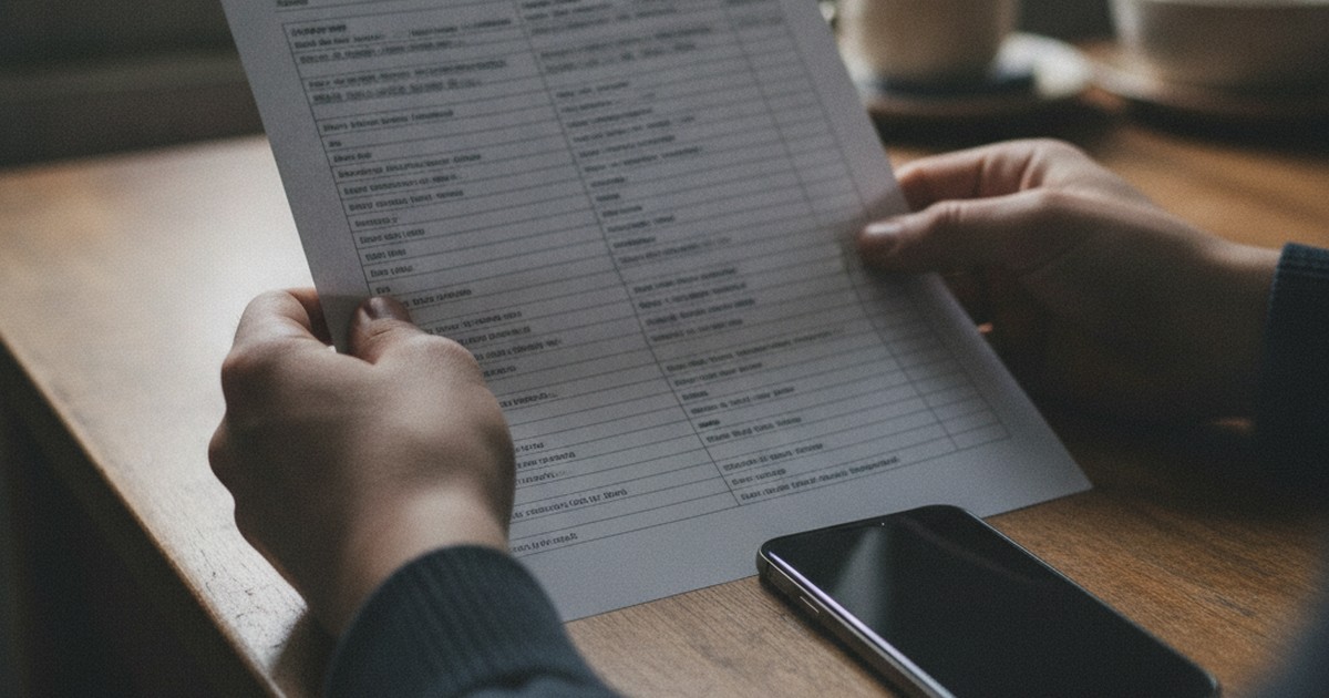 Hands holding a printed bank statement next to a phone
