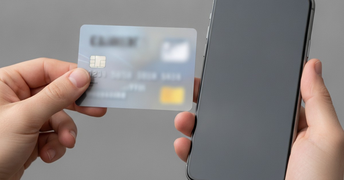 Close-up of hands holding an ID card beside a smartphone