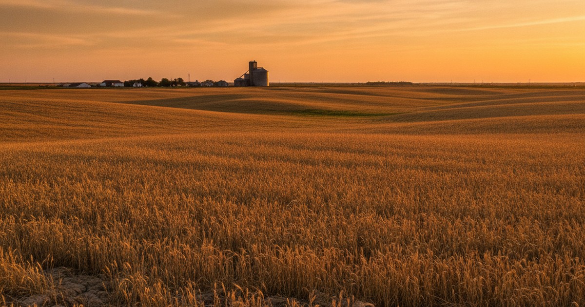 Golden-hour view of a Kansas wheat field and grain elevator
