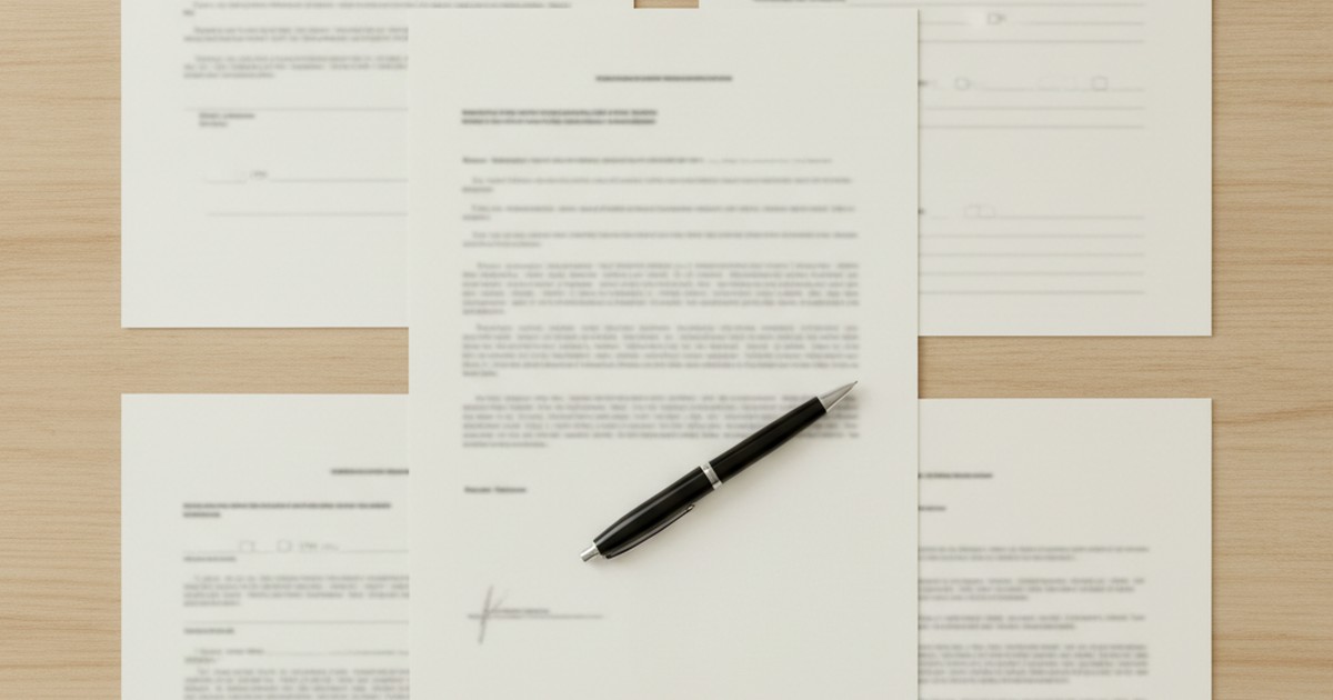 Overhead view of blank paperwork and a pen on a desk