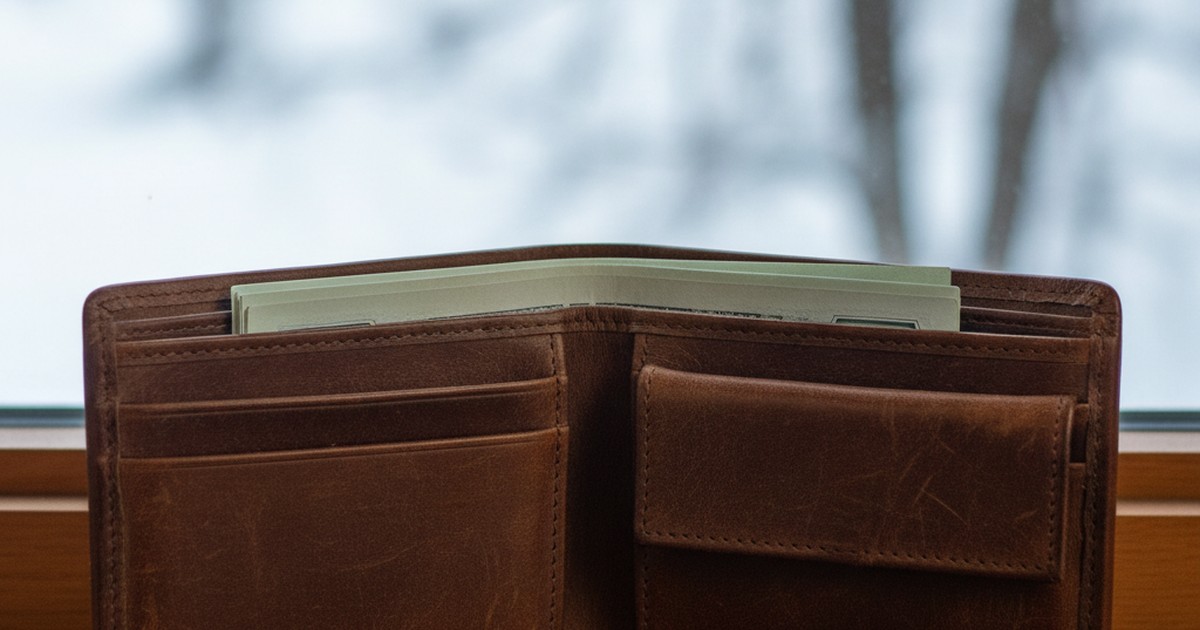 Close-up of an open wallet with cash on a wintry windowsill